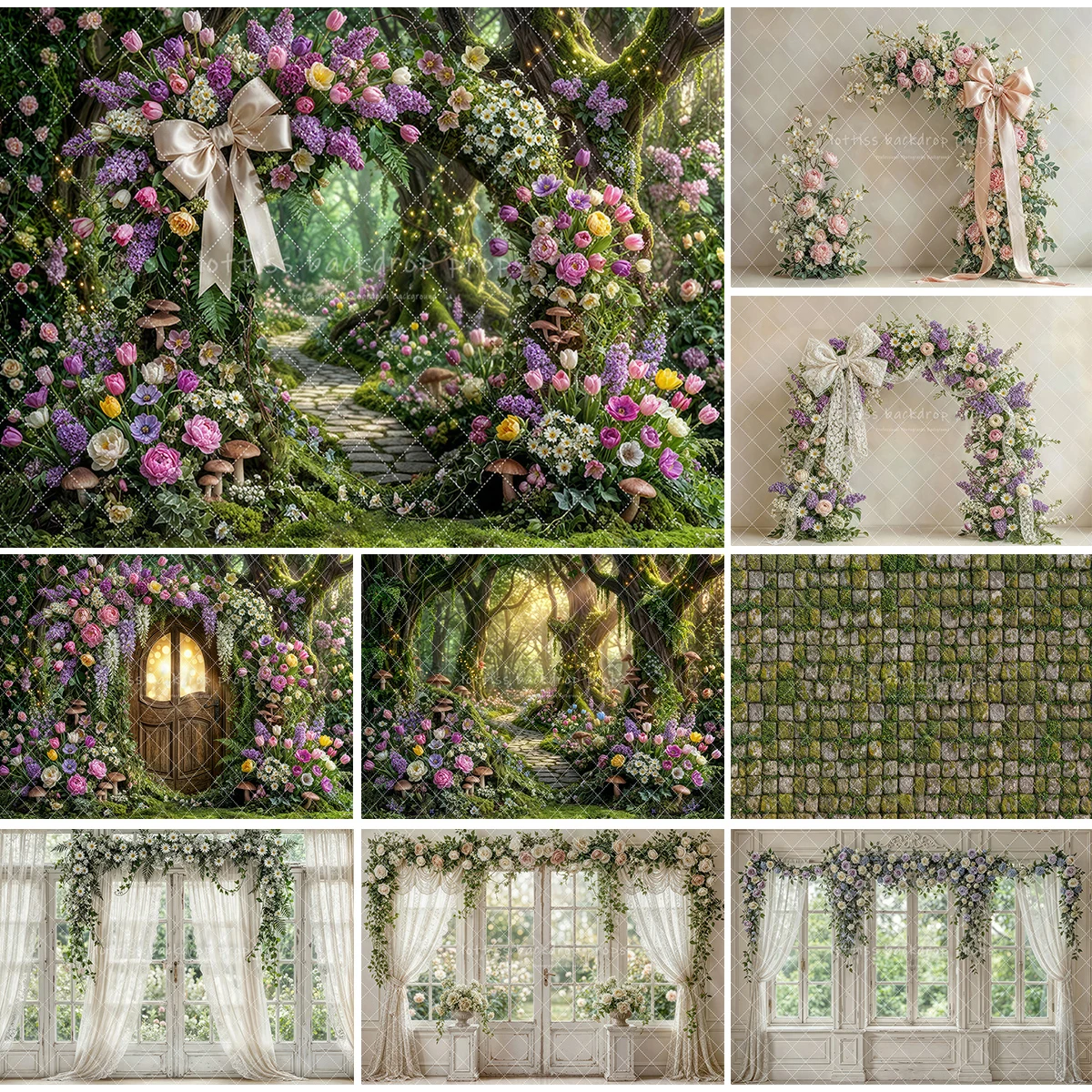 Fondos de arco de flor de primavera encantada para jardín, accesorios de fotografía para niños y adultos, ventanas florales, fondos del país de las Maravillas
