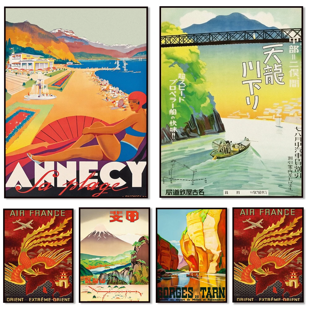 Tarn Gorge, Annecy Beach, Cornwall, Air France Near East, German Autobahn, Champagne, Morocco, London Zoo retro travel poster