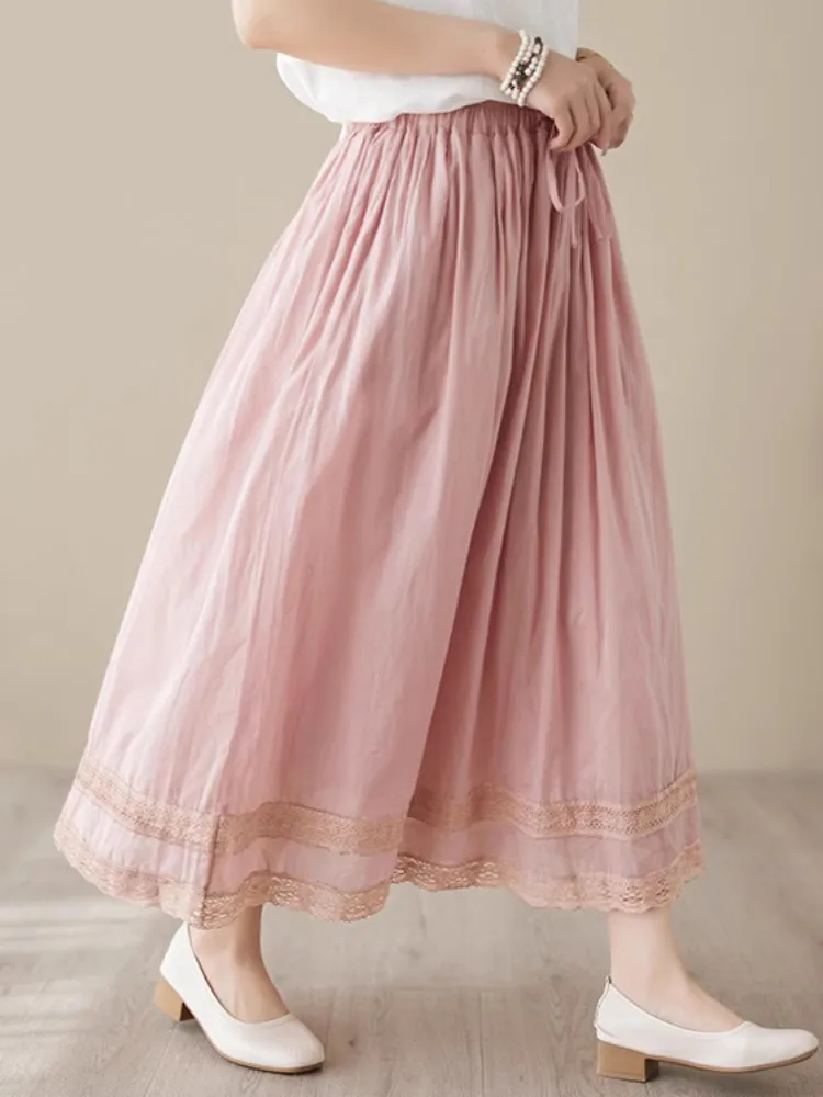 2025 New Summer Women Clothing Elastic Waist Casual Loose Pleated Skirts Breathable Embroidery A-Line Female Tutu Midi Skirts