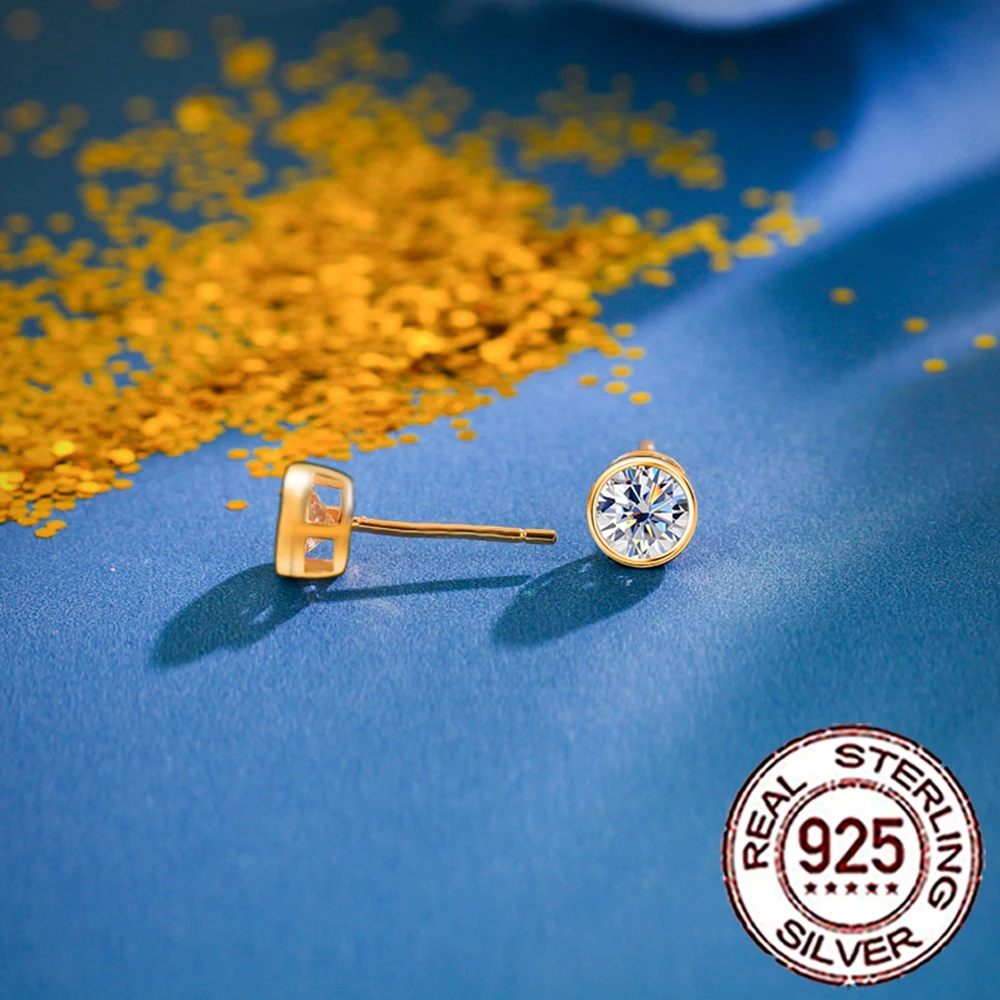 CWWZircons S925 Sterling Silver Simple Cubic Zircon Gold Color Round Daily Stud Earrings for Women Party Jewellery Gifts SE083