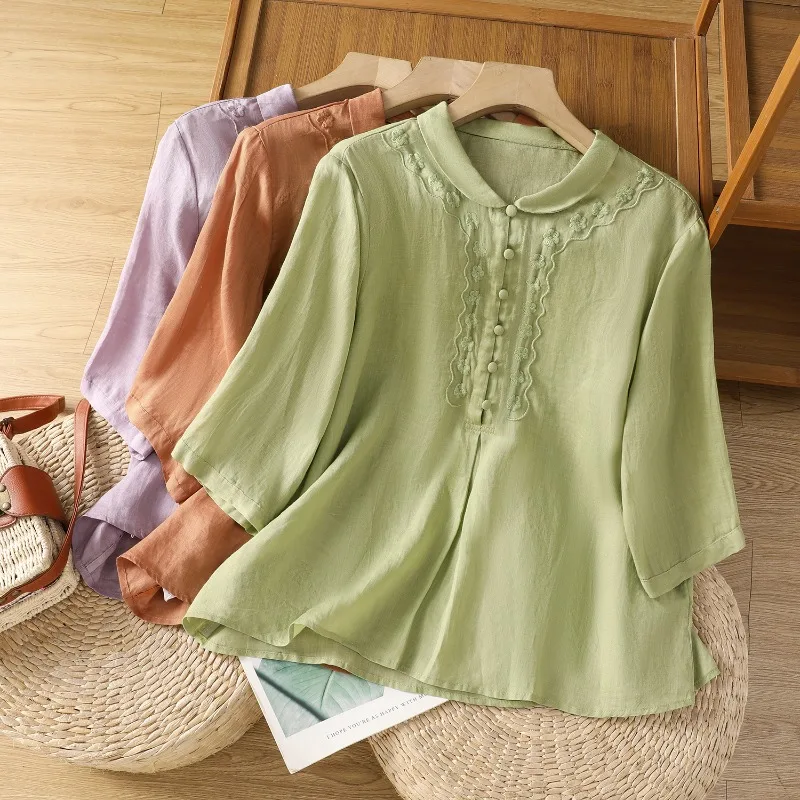 

Chinese Style Women's Clothing Blouses Vintage Embroidered Shirts Loose Summer Clothing Short Sleeved Cotton Linen Women Tops