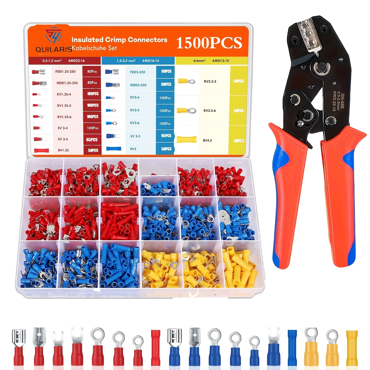 1500 PCS cable terminal crimping tools come with a pair of pliers and include 18 types of insulation terminal crimping kits, suitable for AWG 22-10 insulated electrical crimping, ring, fork ring, and fork connector terminal crimping.