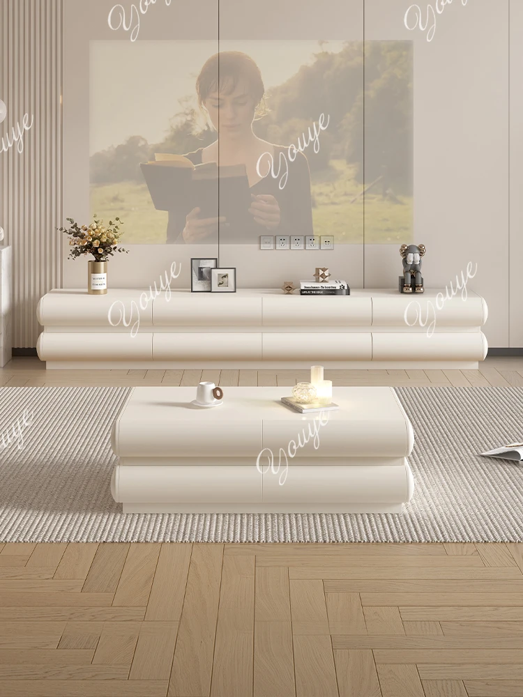 

Cream wind floor TV cabinet coffee table combination small apartment modern French household solid wood TV cabinet