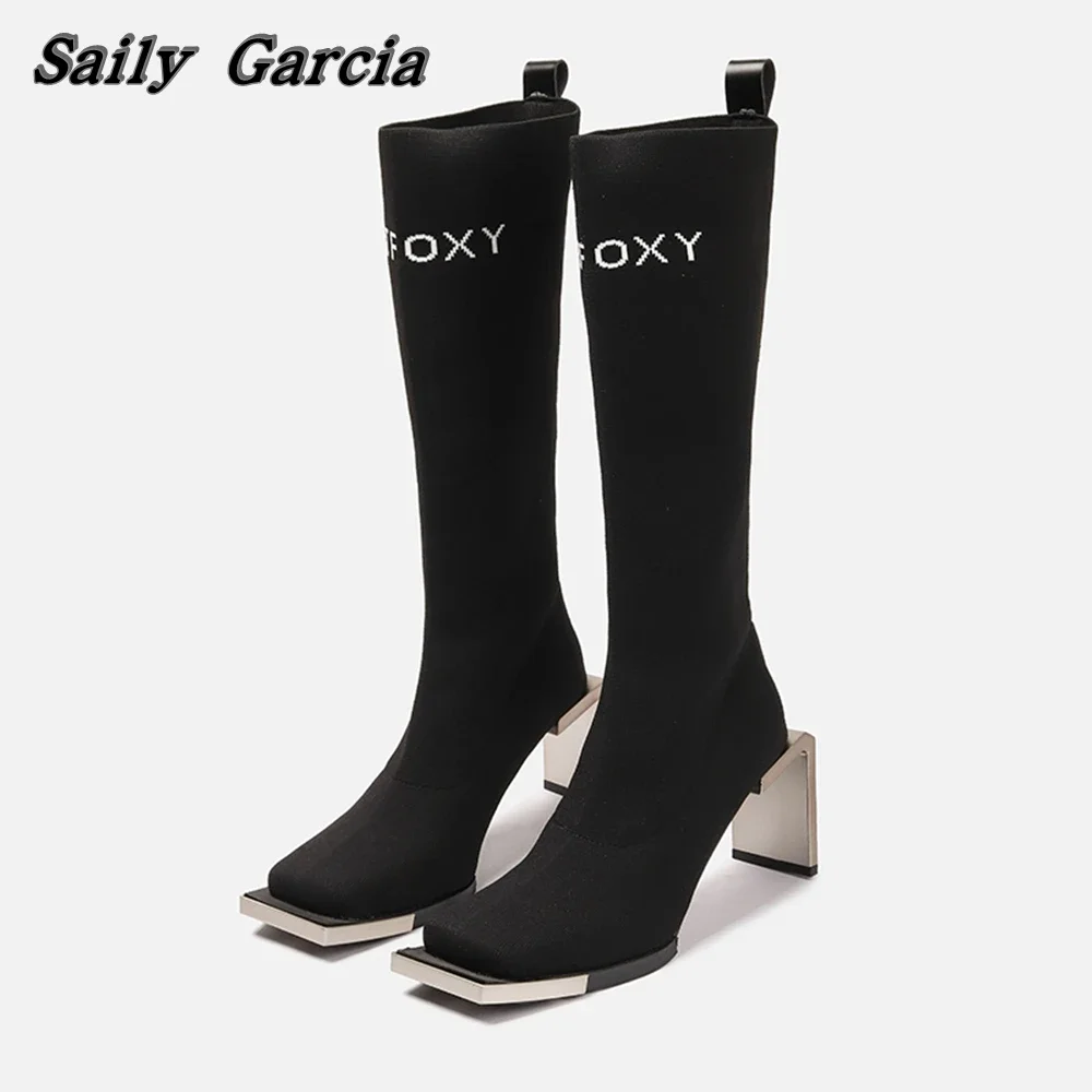 

Square Toe Elastic Fabric Metal Strange Heel Sock Boots Black Elasticity Knee High Sexy Women Boots 2023 New Fashion Casual Boot