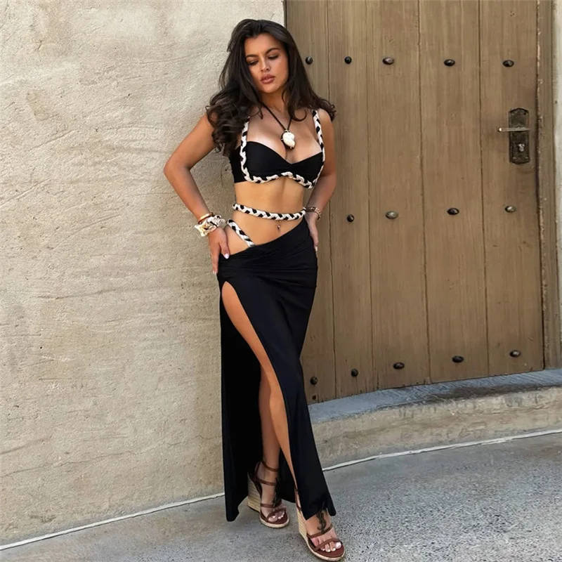 

Women Sexy Patchwork Braid Hollow Out 2 Piece Set Camisole Crop Tops + Ruched Bodycon Maxi Skirts Summer Holiday Beach Outfits