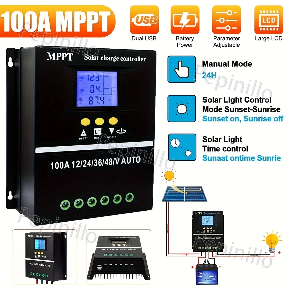 

100A MPPT Solar Charge Controller | LCD Display | Dual USB for Lead Acid And Lithium Batteries | Solar PV Battery Charger | 12V 24V 36V 48V for Solar Panel, Without Battery