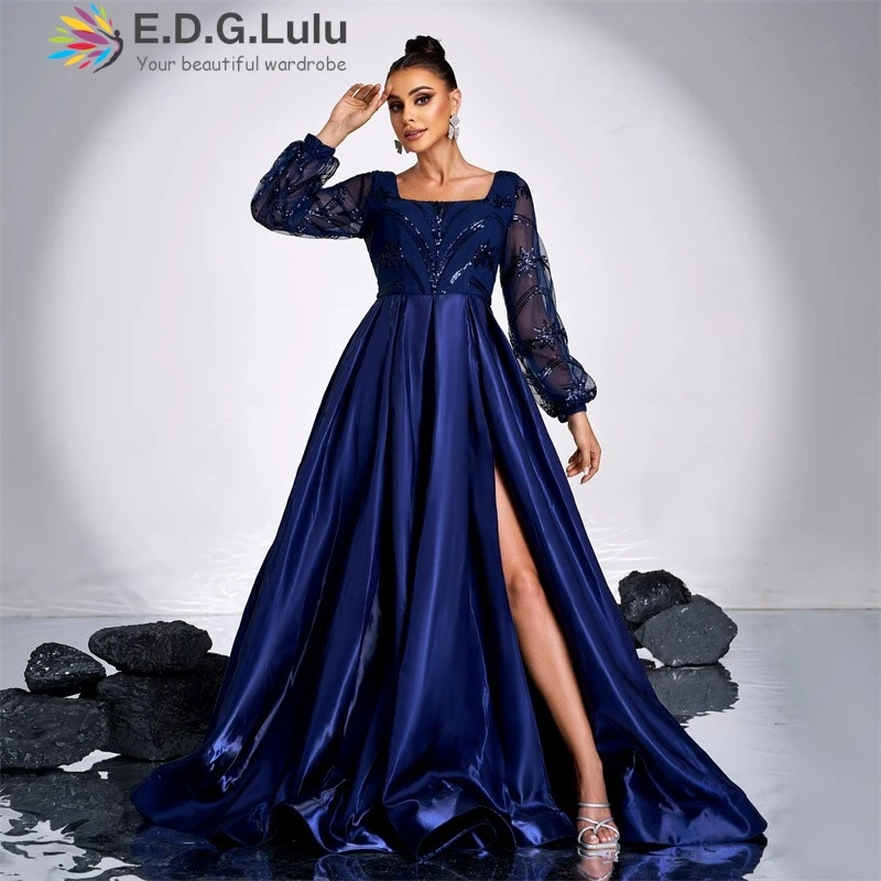 EDGLuLu Abito da compleanno con maniche a lanterna Donna 2024 Elegante abito da sera lungo con paillettes stampato patchwork in raso blu 1125