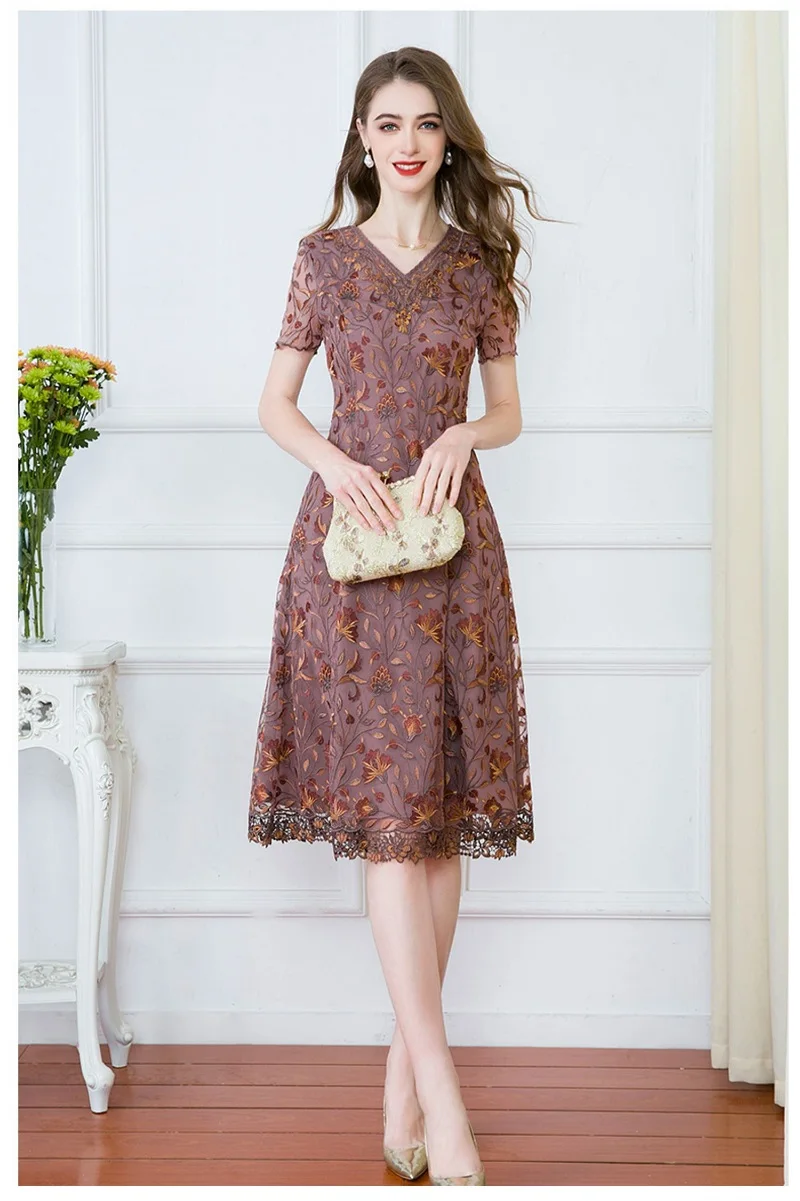 

High Quality Brand New Women's Dress 2023 Summer Party Bride Mother Lady V-Neck Allover Lace Embroidery Mesh Dress Vestido Femme