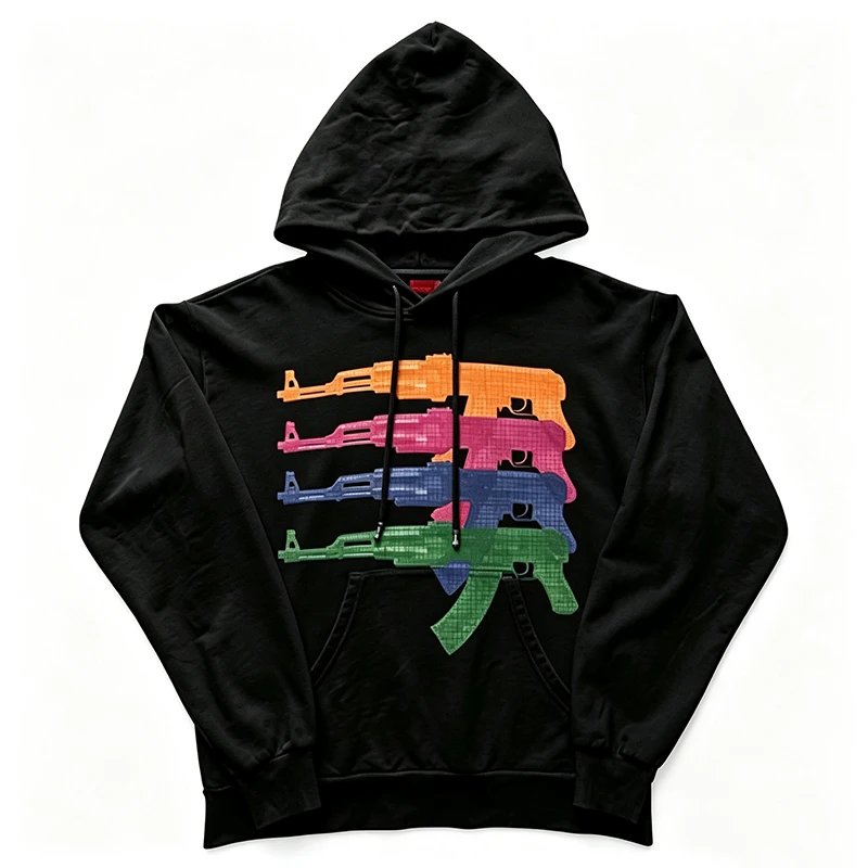Unisex Vintage Bunter Silhouetten-Grafik-Hoodie Loser Fleece-Pullover Streetwear Hip-Hop Lässiger Langarm-Sweatshirt für Herren