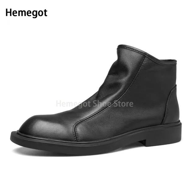 Mens Chelsea Boots Side Zipper Thick Bottom Leather Ankle Boots Luxury Design Male Footwear Round Toe Short Boots Autumn Winter