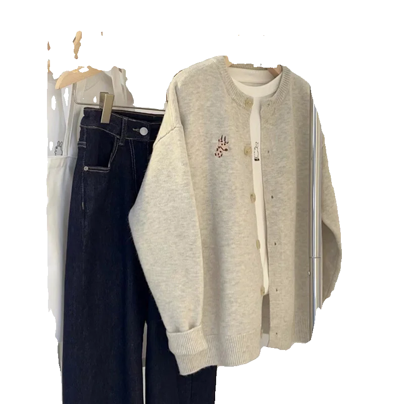 特大 300 ポウ刺繍入りニットオープンカーディガン レディース 秋冬 ルーズ 大きめサイズ セーター ジャケット トレンド