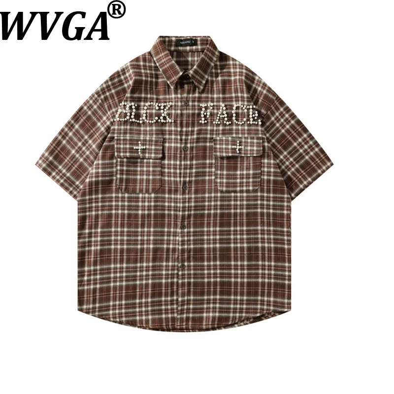 

WVGA Summer New Men Tide Plaid Trendy Short Sleeve Shirt Niche Chic Casual High Street Beaded Letter Turn-Down Collar Top W19600