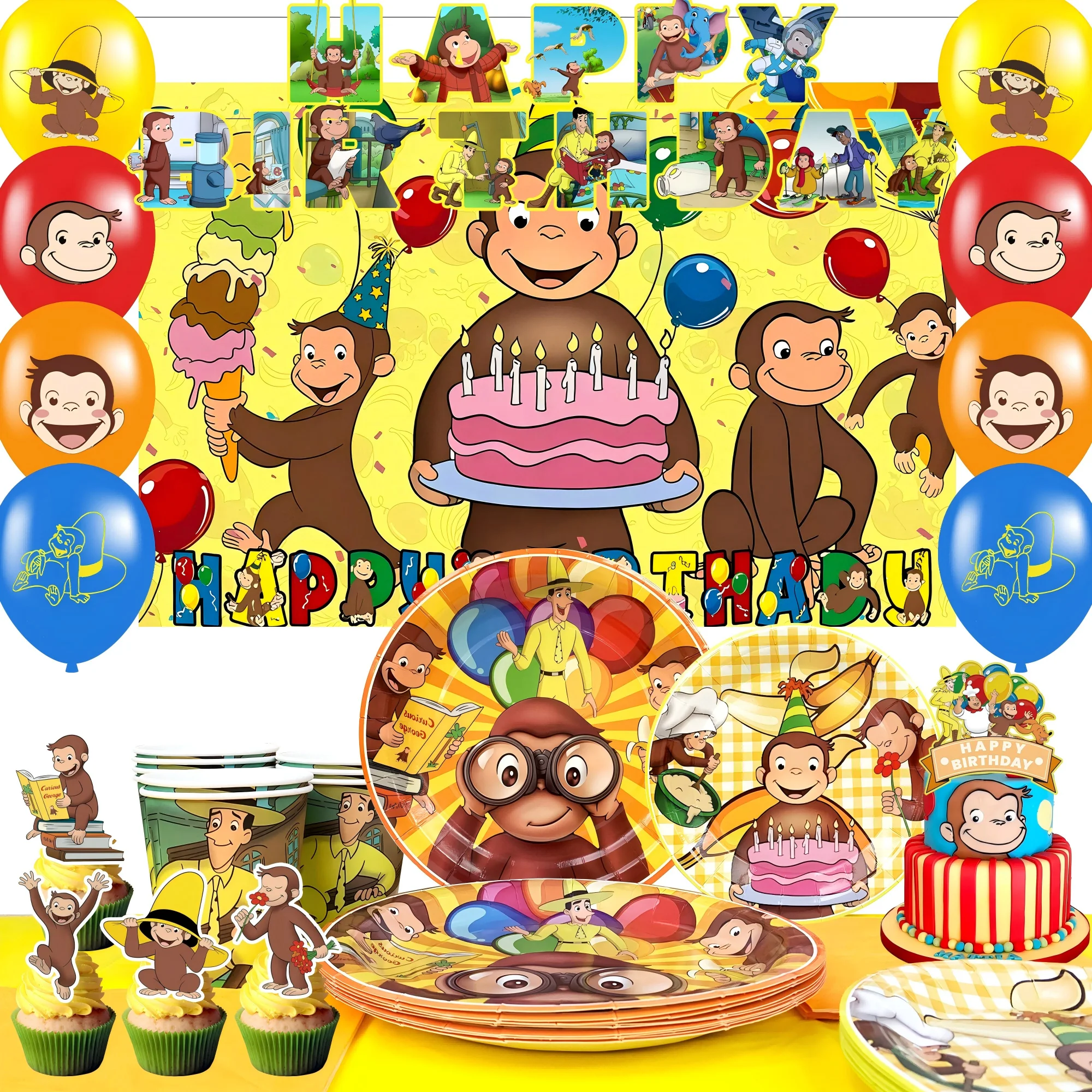 decorations-et-vaisselle-d'anniversaire-george-monkey-110-pieces-banniere-de-singe-george-assiettes-de-ballons-etc-decorations-de-fete-george-monkey