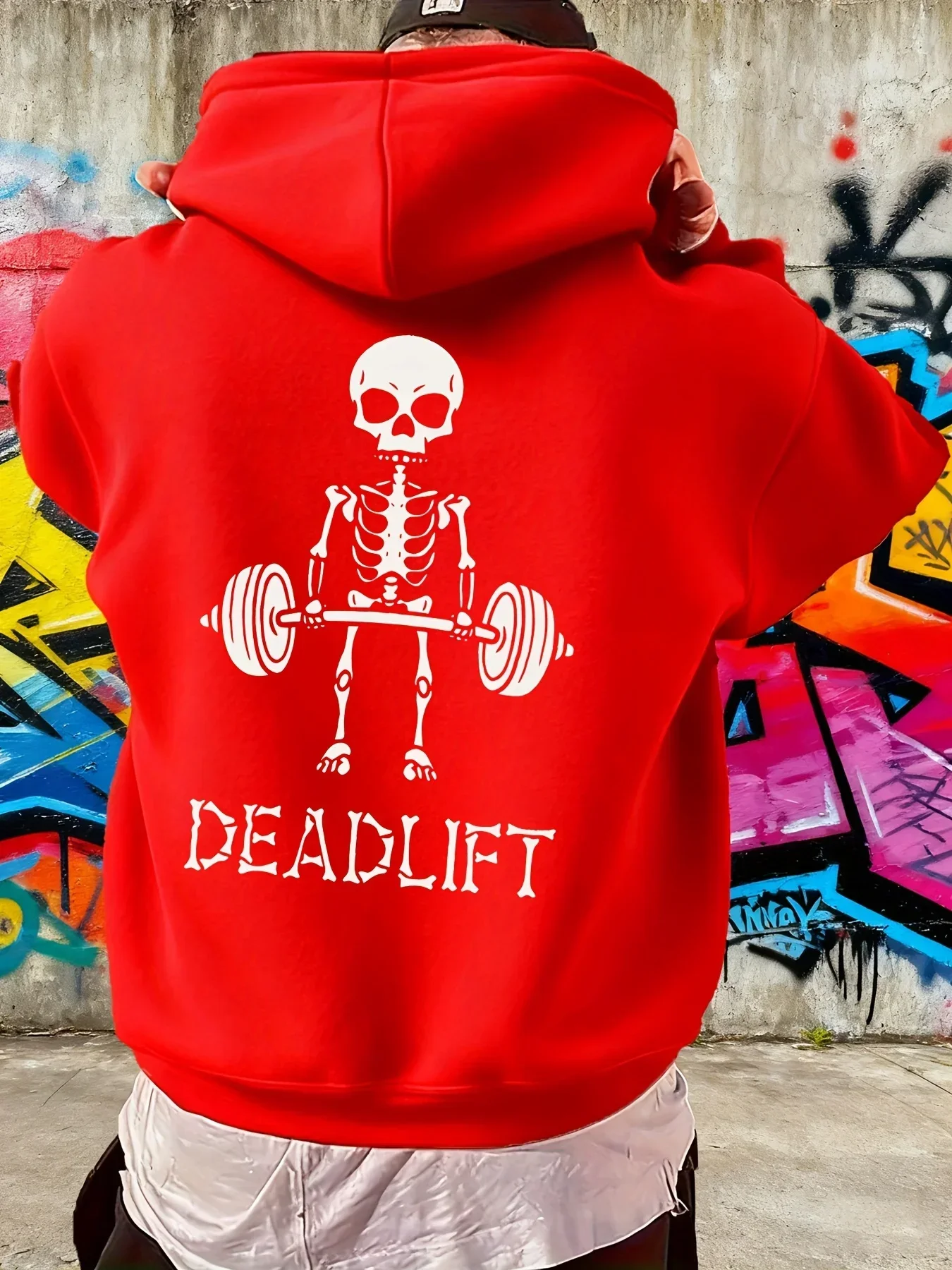 Men Skeleton Deadlift Hoodie Gym Workout Back Print Pullover Fitness Weightlifting Streetwear Sweatshirt