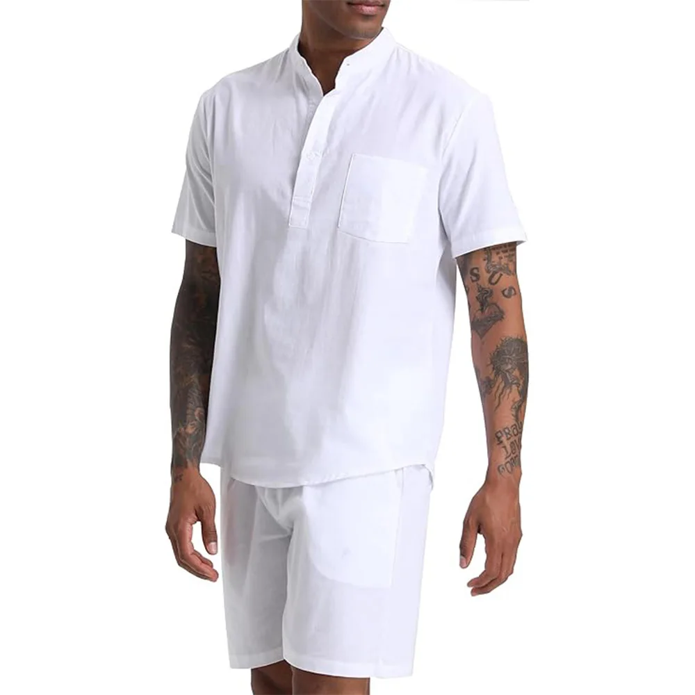 Men\'s Cotton Linen Set Henley Shirts Shorts Outfits 2 Pieces Beach Clothes Vacation Matching Suit Summer Wear Shirt Sleeve