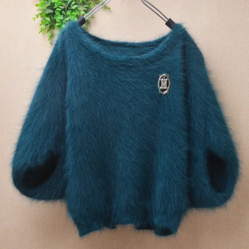 04 Ladies Women Fall Winter Clothing Hairy Mink Cashmere Knitted Short Batwing Sleeves O-Neck Loose Pullover Sweater Jumper Pull