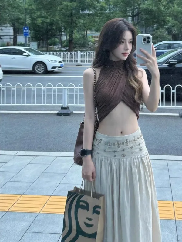Heavy Embroidery A-Line  Skirt for Women in Beige Color Summer New Style Holiday Vintage Long Skirt Commute High Waist
