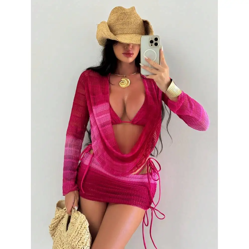 Gradient Pink Striped Mesh Knit 3 Piece Swimsuit Cover Up Set Women Long Sleeve Draped Top Drawstring Mini Skirt Bikini Beach Outfit