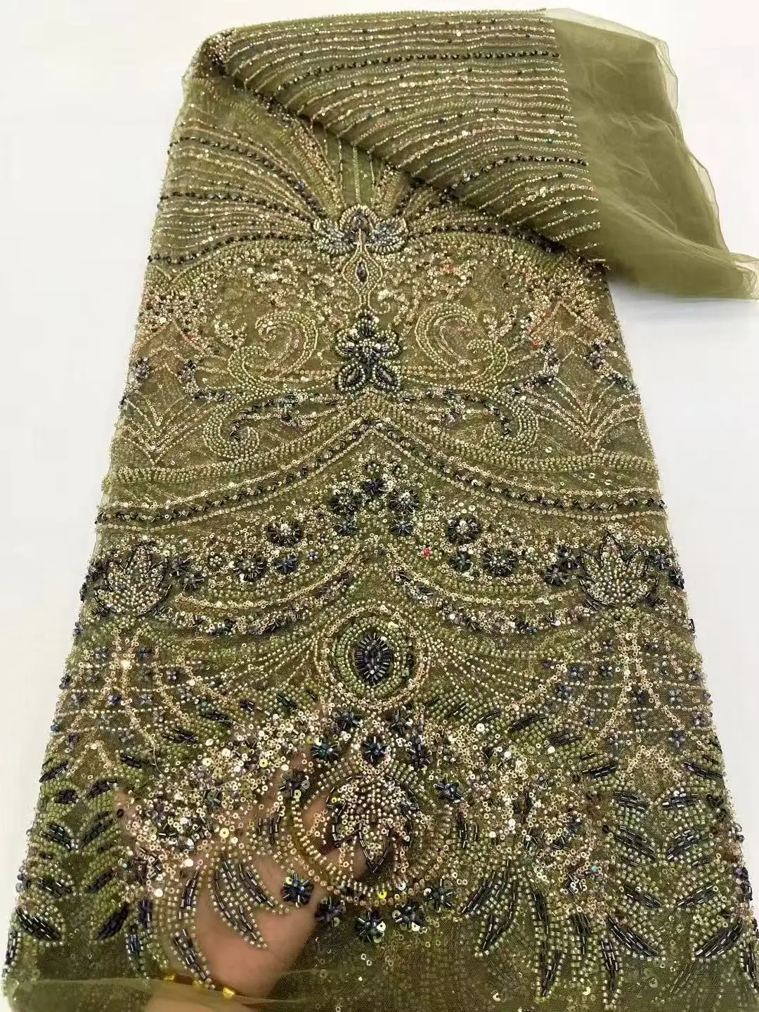 

New Arrival Africa Beads Sequins Embroidery French Mesh Lace Fabric Nigeria Tulle Lace Fabirc For Evening Dresses Wedding Party