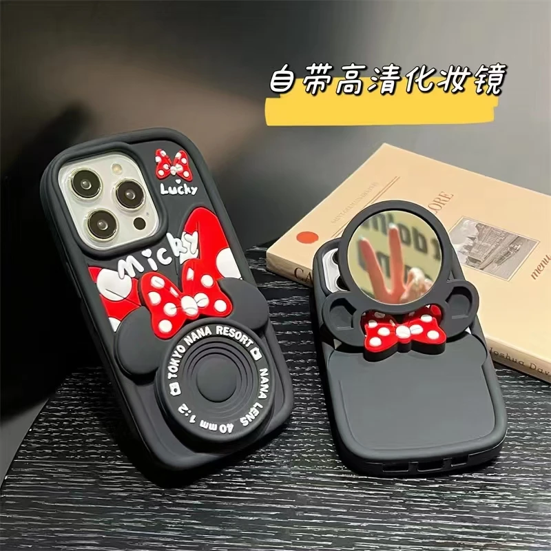 Makeup Mirror Minnie Mouse Disney 3D Soft silicone Phone Case for iPhone 15 14 13 12 11 Pro Max Folding Bracket Cartoon Cover