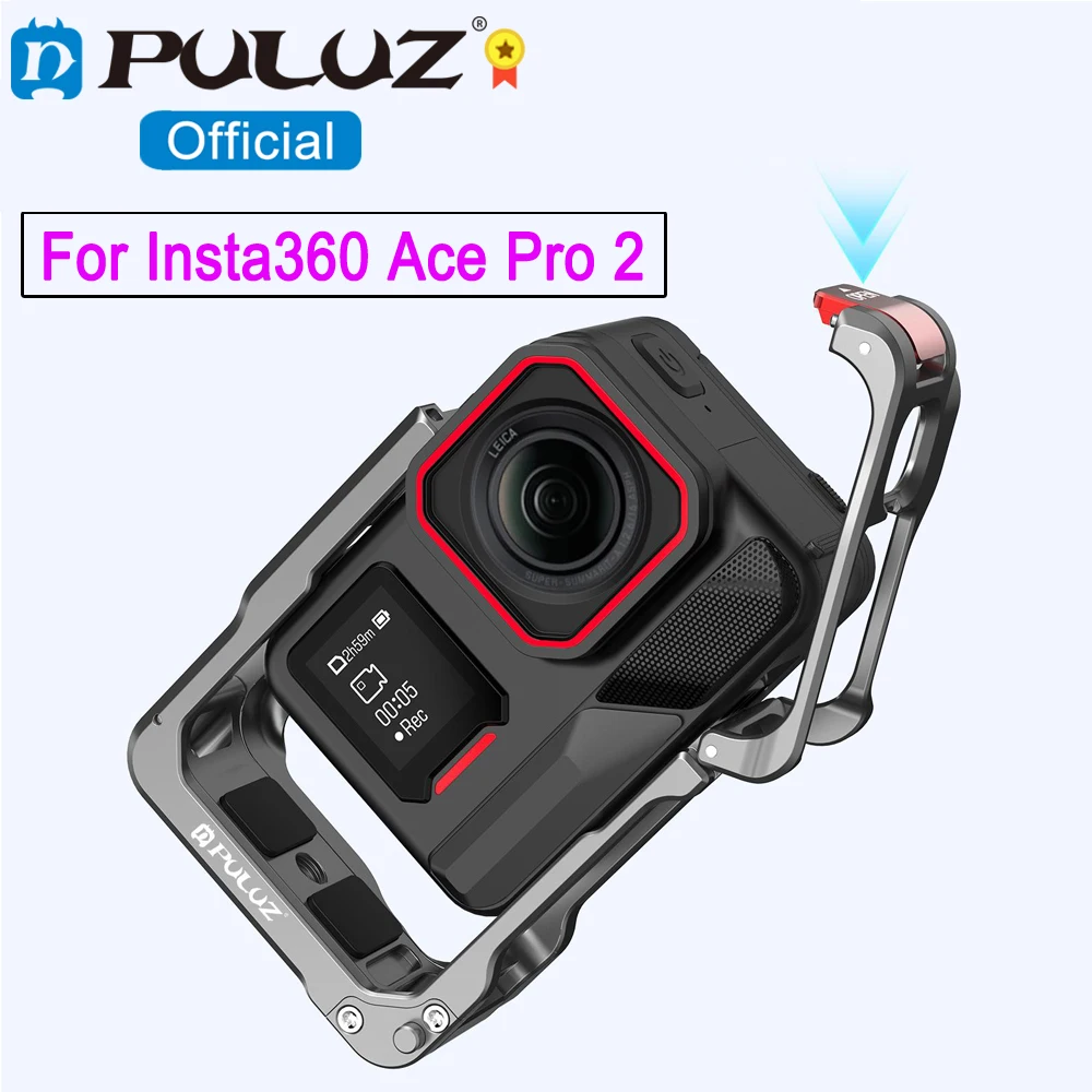 PULUZ Dual Cold Shoe Housing Frame For Insta360 Ace Pro 2 Camera Aluminum Alloy Protective Cage with Quick Release Button