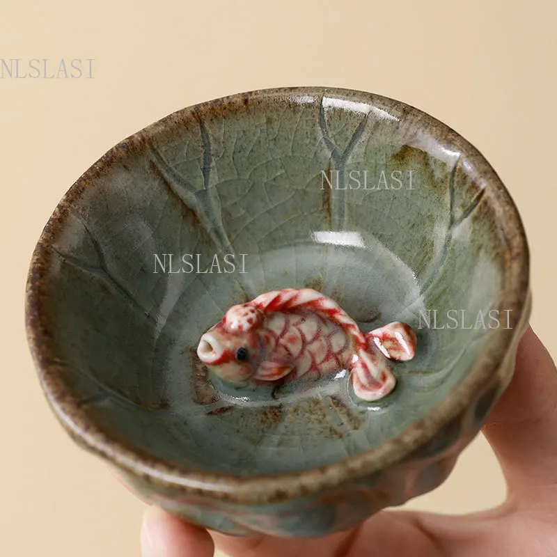 1pc Ice Crackle Glaze Ceramic Tea Cup with 3D Red Koi Fish Design Ru Kiln Style Teacup for Kung Fu Tea Ceremony and Collection