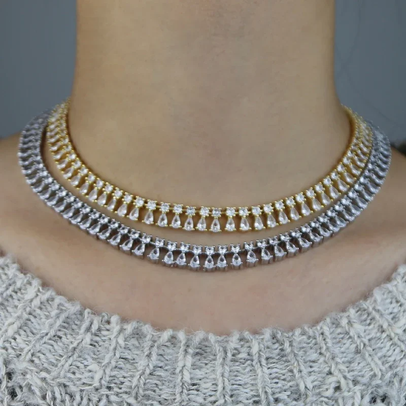 2026 High Quality Geometric Raindrop Round Cz Paved Link Chain Gold Plated Bling 2 Rows Fashion Women Choker Necklace