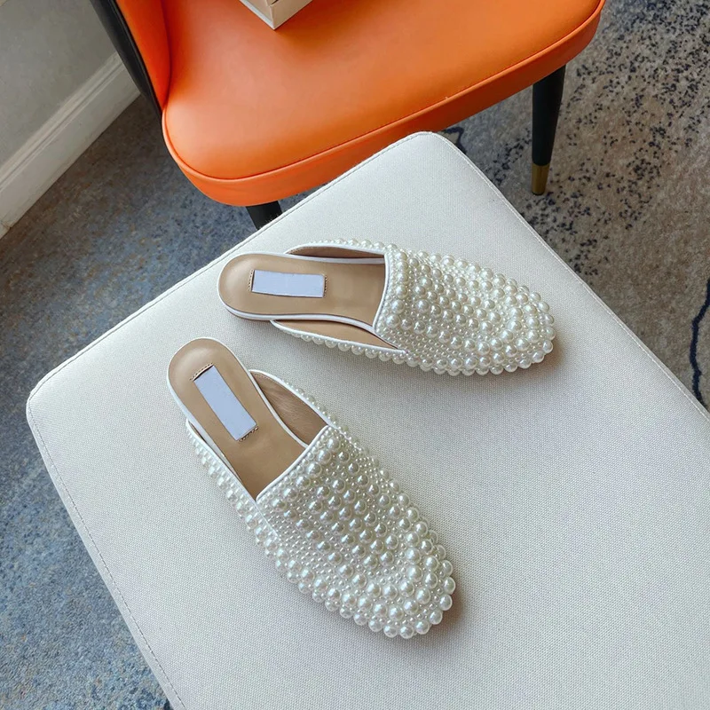 Summer New Handmade Pearl Baotou Slippers with Genuine Leather Sweet One Step Outward Wearing Flat Bottom Slippers for Women
