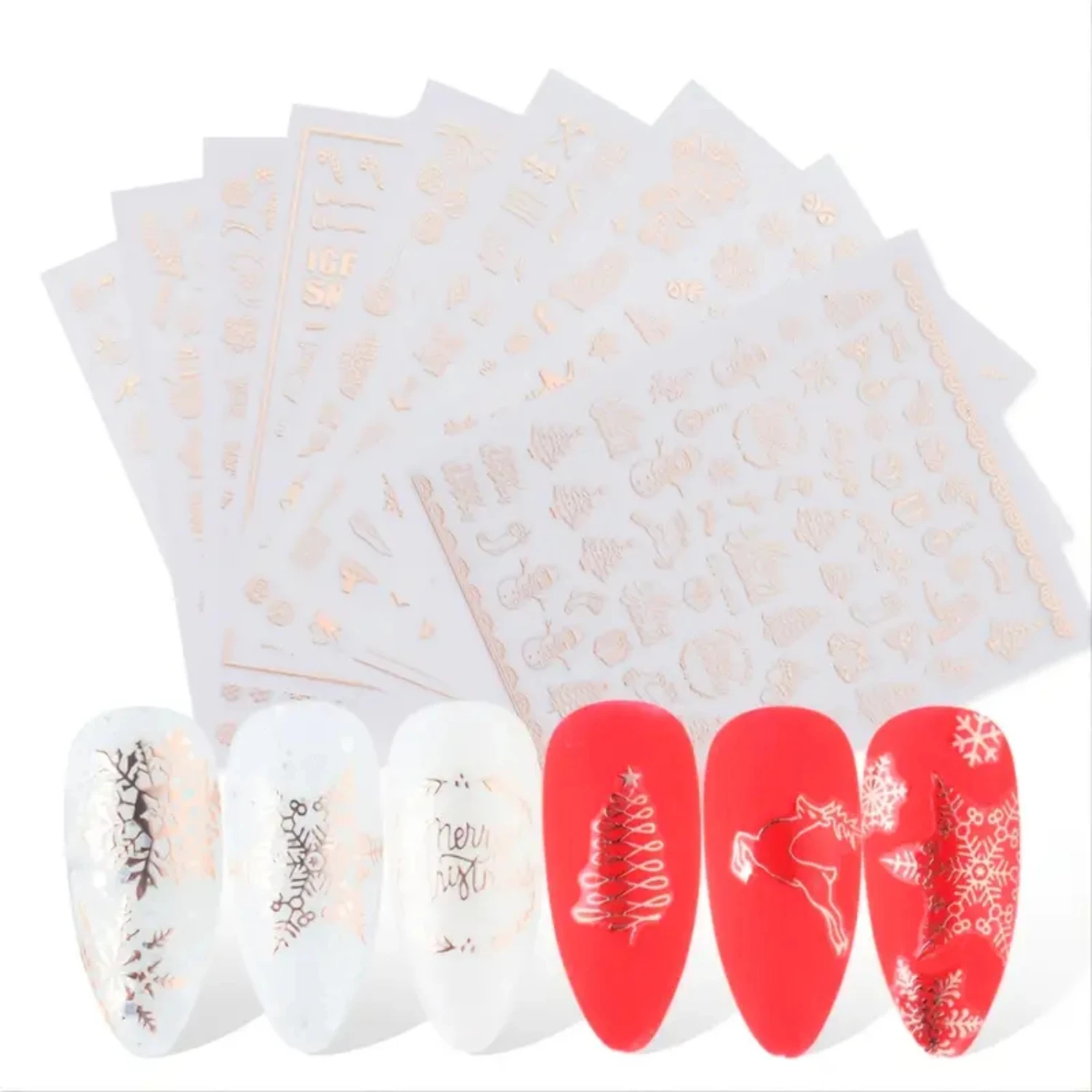 Festive Christmas Self-Adhesive Nail Decal Stickers with Snowflake, Snowman, Santa Claus, Tree, Rose - Golden Winter Nail Art De