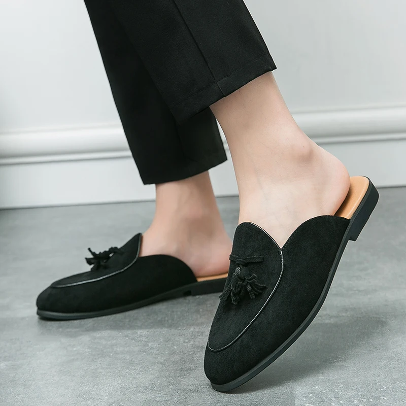 Summer Half Slippers Suede Shallow Mouth Loafers Flat Bottom Comfortable Soft Sole Men Casual Designer Shoes Half Slippers Men