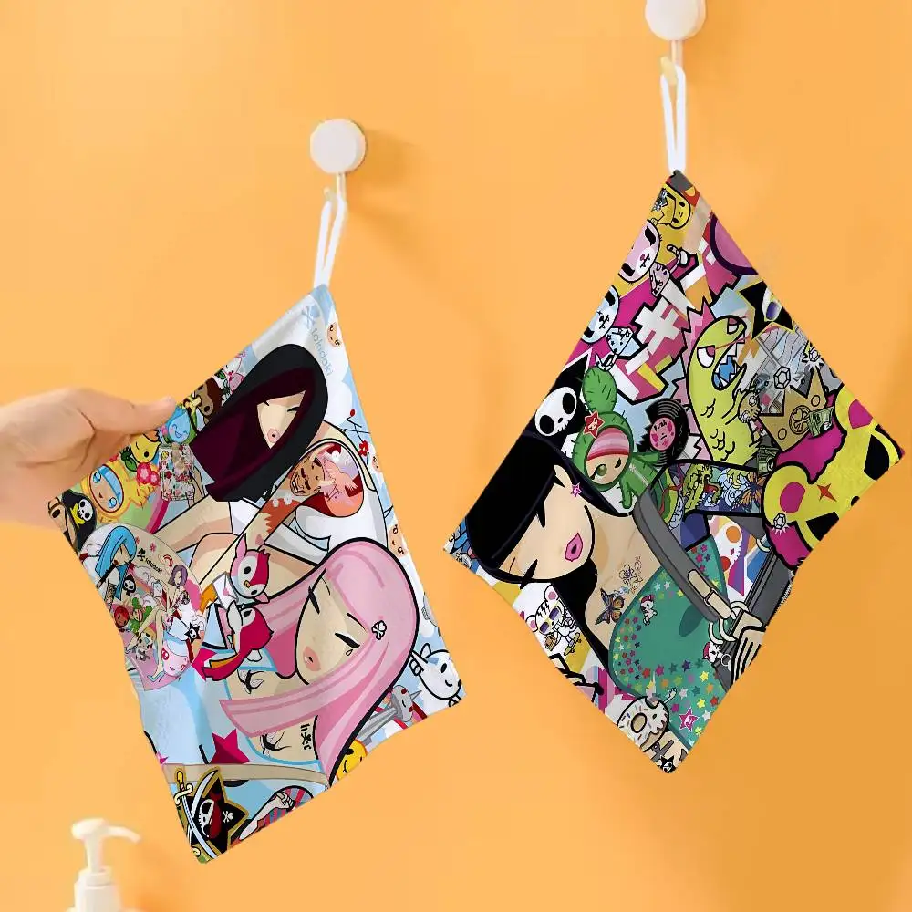 Popular Fashion T-Tokidoki LOGO Household Hanging Towel, Polyester Cotton Hand Wiping Towel, Sturdy for Bathroom Bedroom