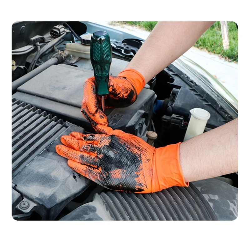 Heavy Duty Orange Nitrile Gloves 8Mil Industrial Disposable Gloves with Diamond Textured Grip for Mechanic Safety & Work Gloves - Image 4