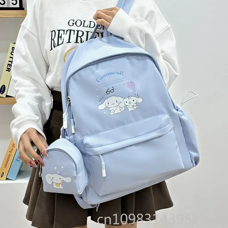  Nylon School Backpack for Student Cute Kuromi Kids Bookbag with Coin Purse Pendant Lightweight Student College Rucksack