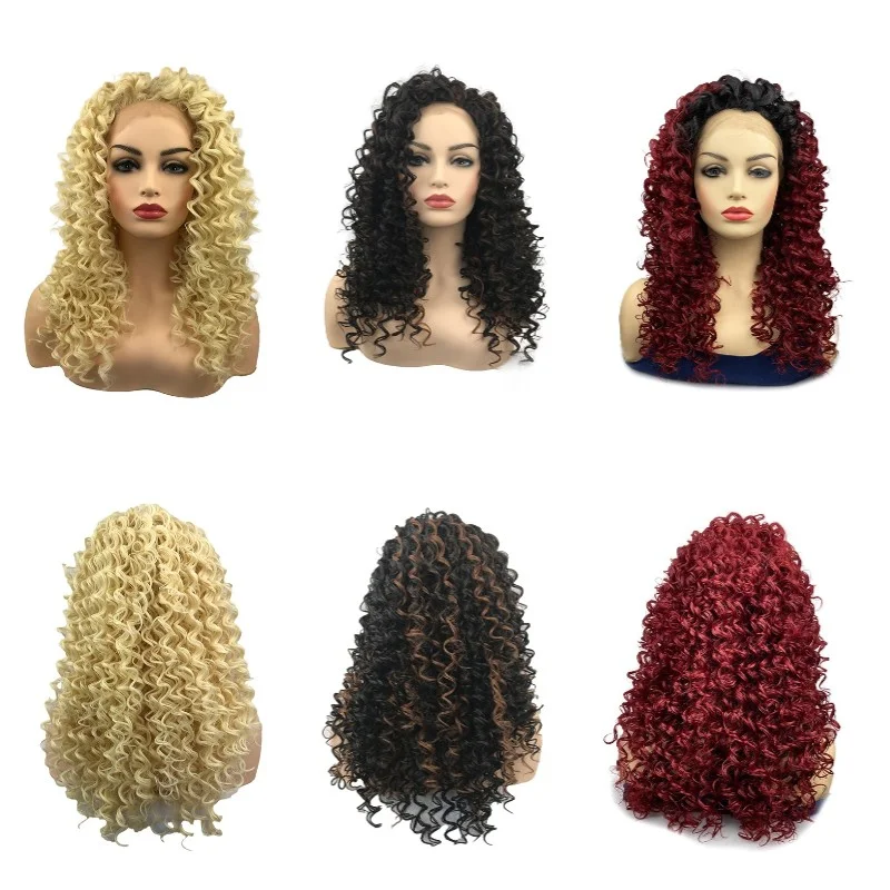 

Женский длинный золотистый вьющийся женский парик на Хэллоуин с кружевом спереди