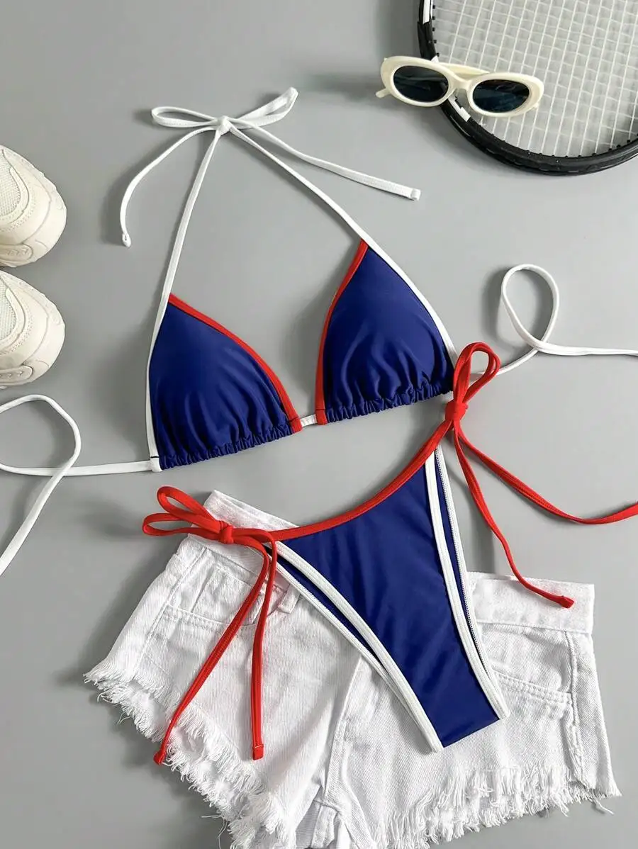 

Women 2pcs Triangle Tie Side Bikini Set Blue Red White Beach Swimwear