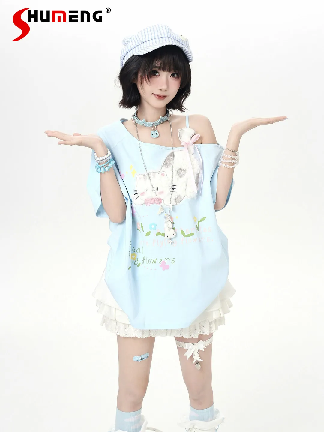 

Летняя уличная футболка 2026: милый кавайный абрикосовый топ с вышивкой кошки, на одно плечо, с коротким рукавом, в стиле Y2K, свободная повседневная женская футболка