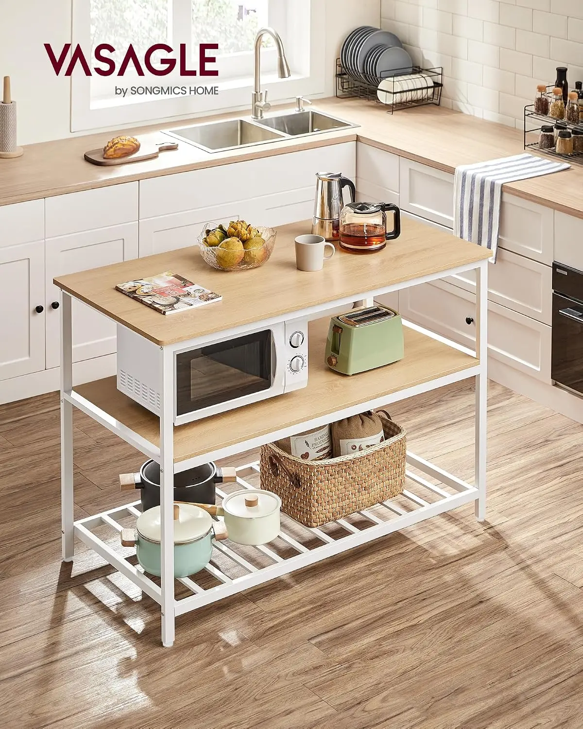 Kitchen Island 3 Shelves 47.2 Inch Width Kitchen Shelf Large Worktop Stable Steel Structure Industrial Easy Assemble Oak Color W