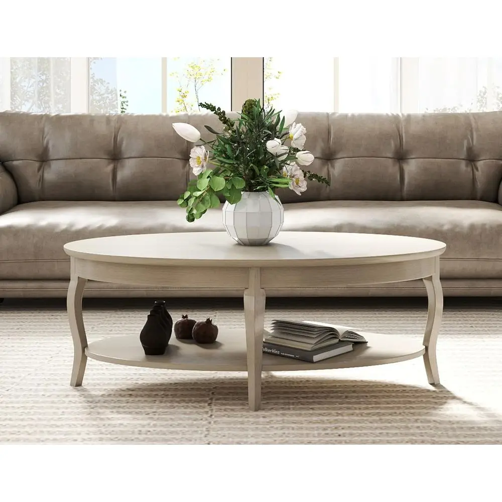 

2-Tier Oval Coffee Table with Storage Shelf, Solid Wood, Antique White for Living Room or Office
