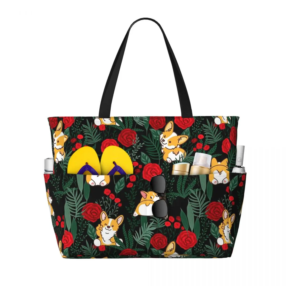

Corgi Dog In Garden Beach Tote Bag Sport Gym Yoga Duffle Large Tote Bag Women Travel Bag Fitness bag