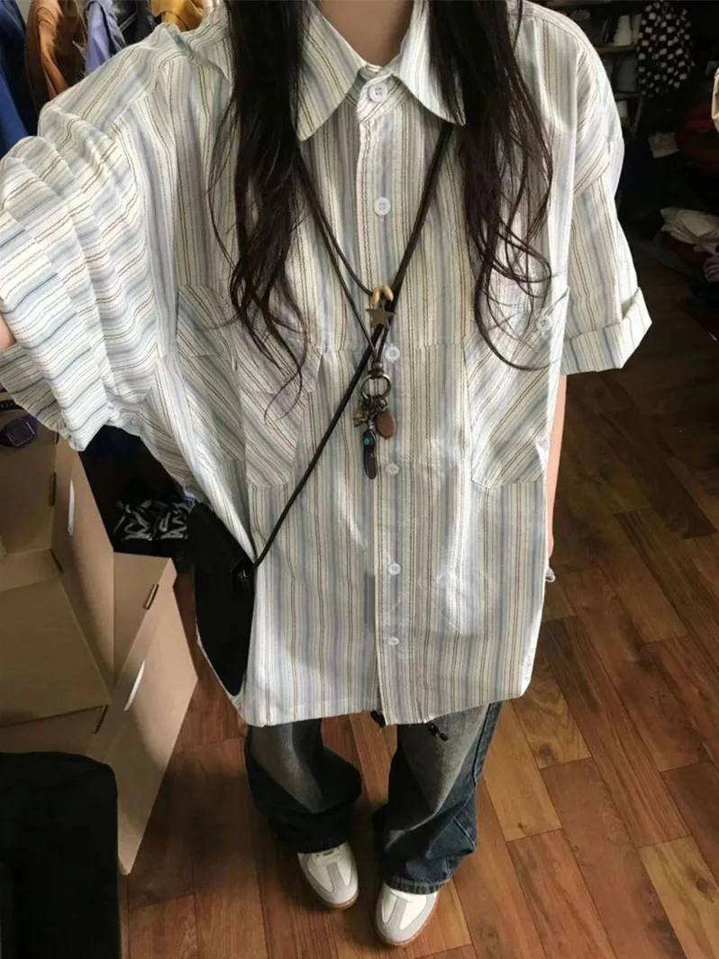 Retro Japanese Blue Striped ort Sve irt Polyester Fiber 00% Women's Faion Casual Busin Sle irt