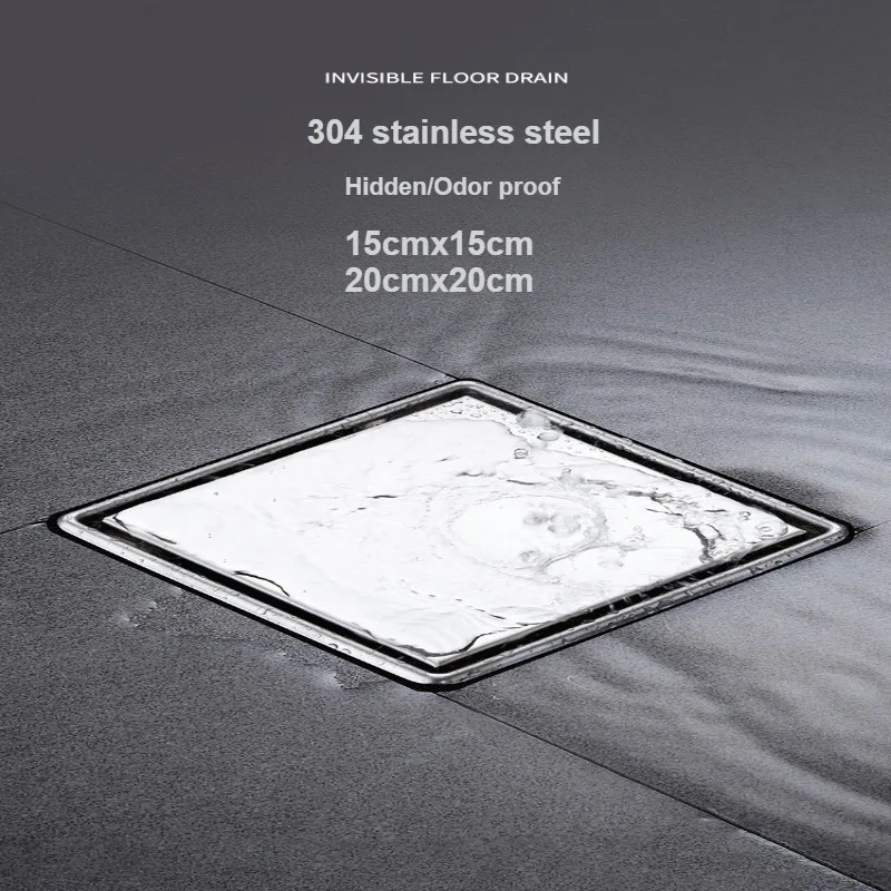 Напольный трап из нержавеющей стали 304, 15x15/20x20 см, американского типа, со скрытым встраиванием под плитку, DN100, с большим потоком, защита от запаха, для ванной комнаты и душа