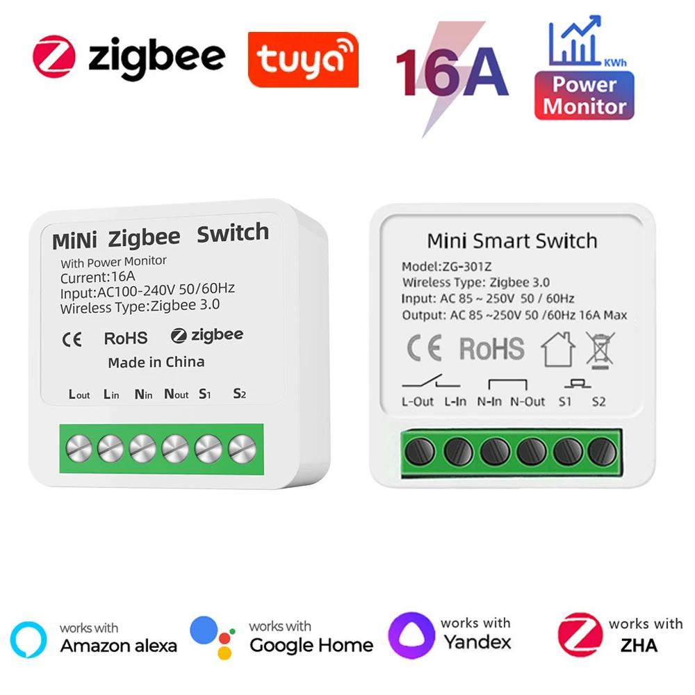Tuya 16A ZigBee Smart Switch Module Power Monitor 2 Way Control Mini Smart Breaker Smart Life APP Control tramite Alexa Google Home