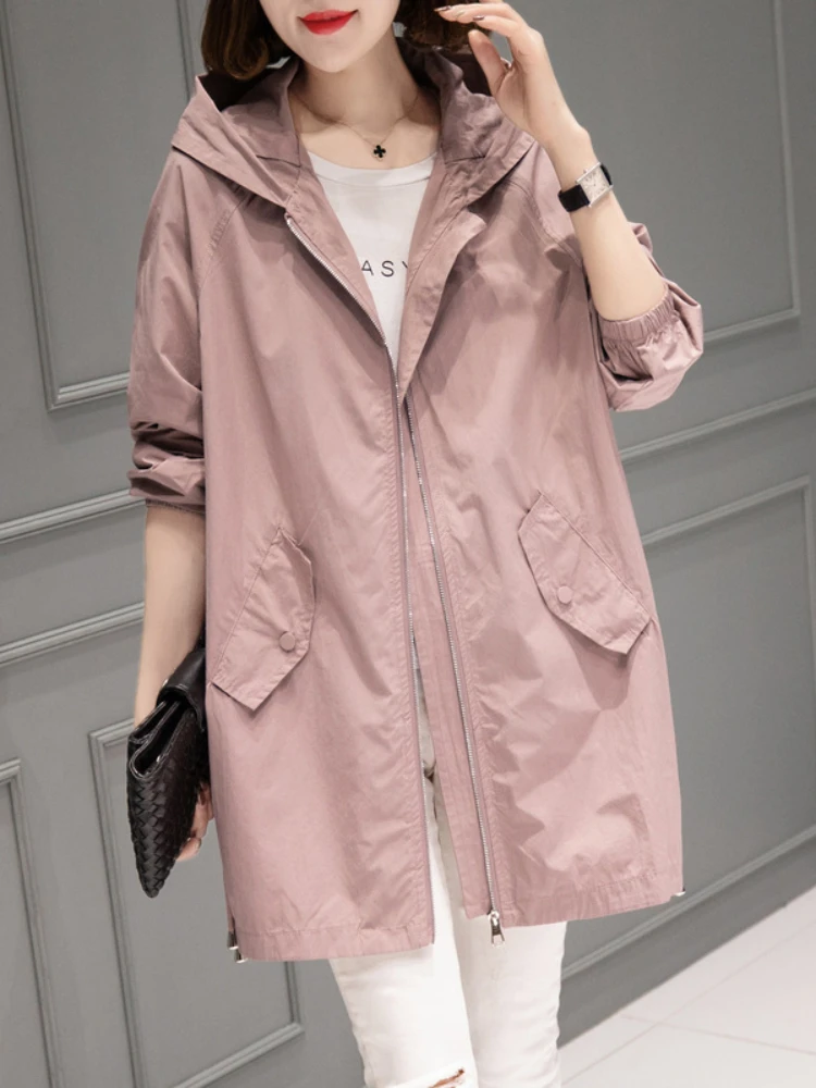 Spring Autumn New Thin Windbreaker Fashion Oversized Hooded Jacket Coat Temperament Casual Top Women Coat Trench Coat Clothes