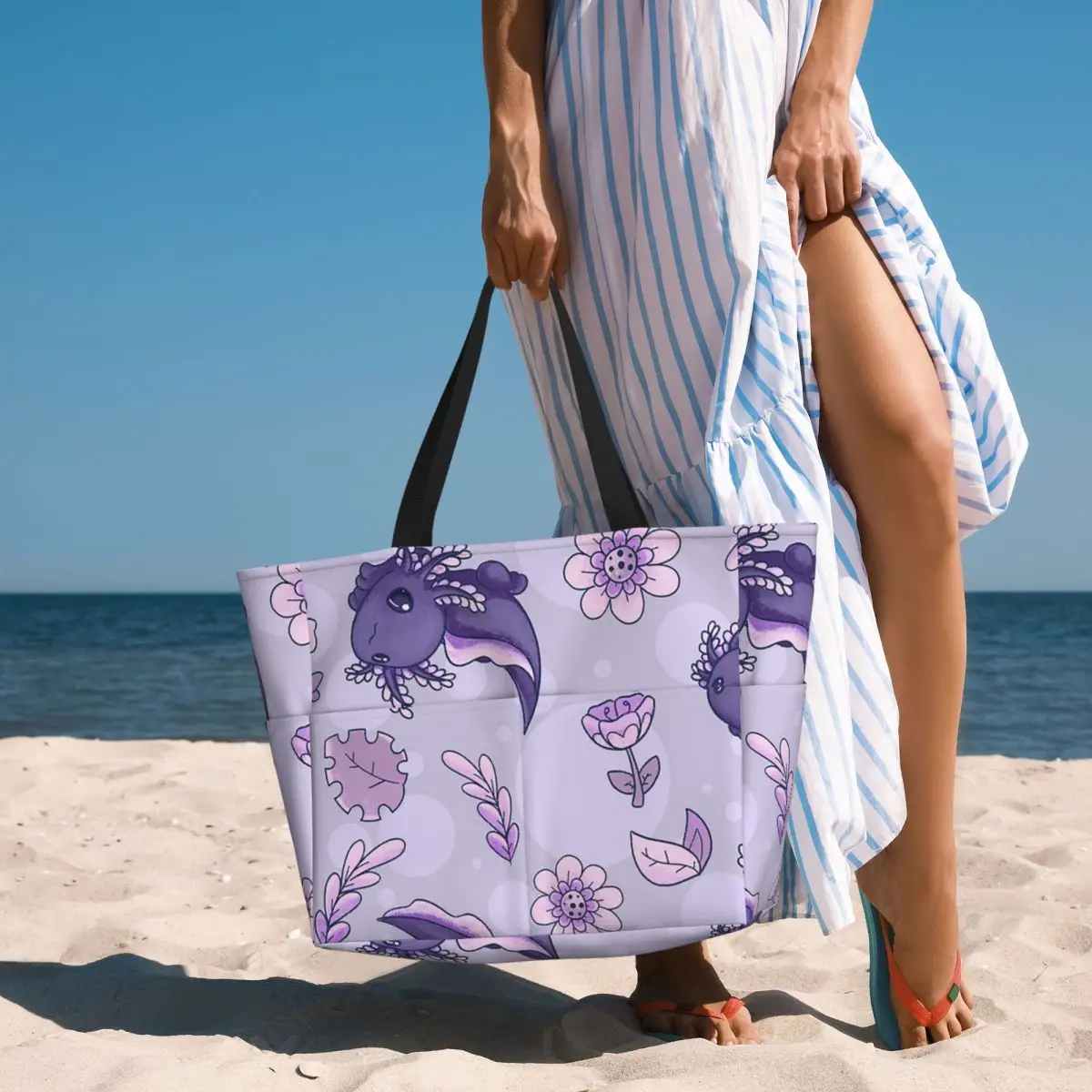 Cute Cartoon Axolotl And Floral Pattern Beach Tote Bag Sport Gym Yoga Duffle Large Tote Bag Women Travel Bag Fitness bag