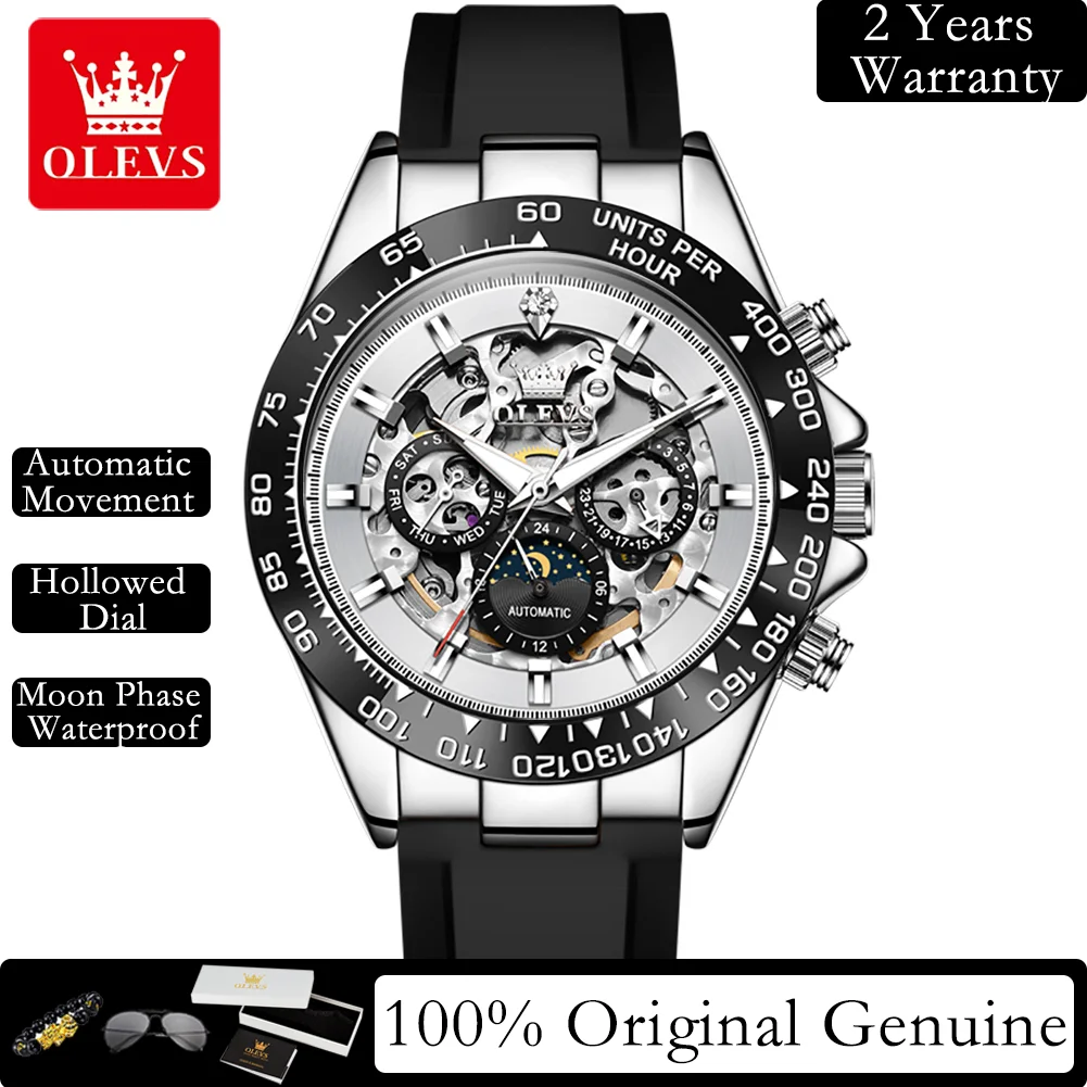 OLEVS Automatic Mechanical Men's Watches Silicone Strap Hollowed Moon Phase Waterproof Luminous Calendar Luxury Man Watch 6713