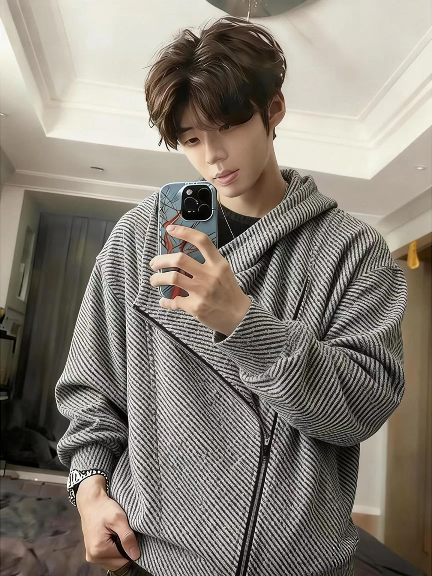 Light Grey Zebra Print Men's Jacket American High Street Open Cardigan Hoodie Design Sense Outerwear Spring Autumn Fashion