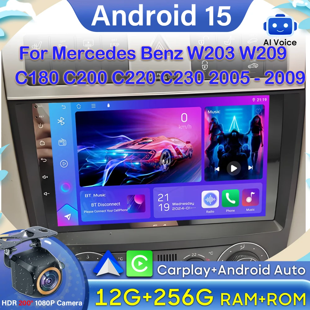 

Android 15 Carplay For Mercedes Benz W203 W209 C180 C200 C220 C230 2005 - 2009 Car Radio GPS Screen DVD Video DSP GPS Navigation