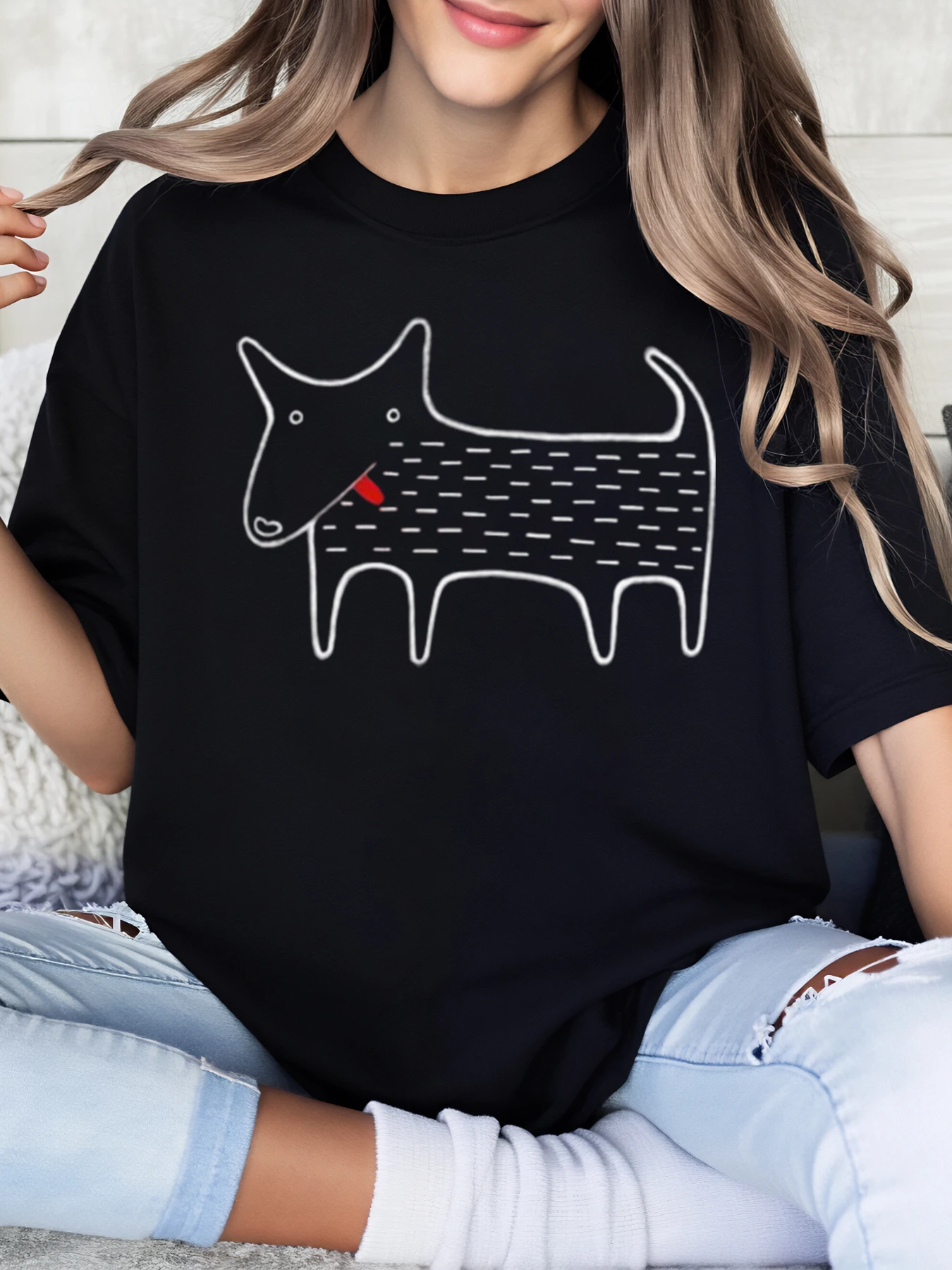 Camiseta feminina com estampa de contorno de cachorro para Halloween, roupa casual preta plus size