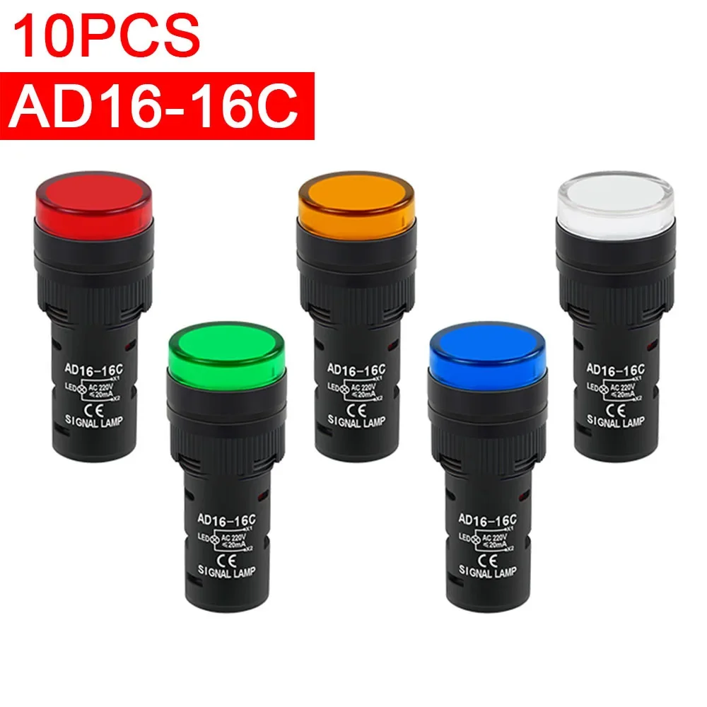 10PCS LED Indicator AD16-16C Panel Mount Signal Power Indicator AC DC 12V 24V 110V 220V 380V 16mm Light Pilot Lamp Red Green