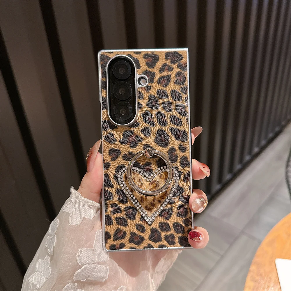 حافظة لهاتف سامسونج جالاكسي Z Fold6 fold5 4 3 Fold7 من الجلد الفاخر الماسي مع حامل حلقي حافظات لطيفة #3